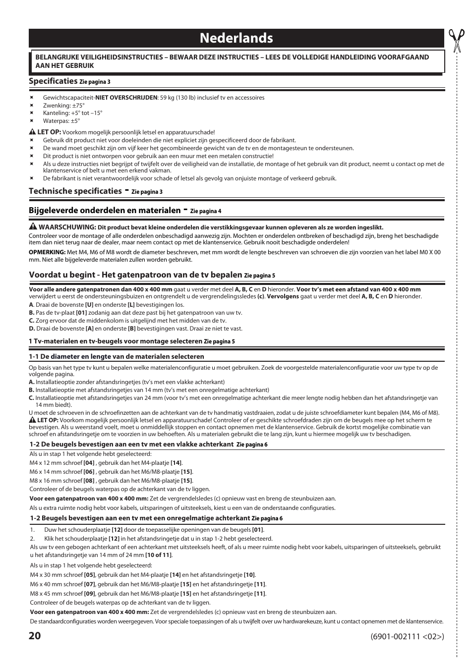 Nederlands | Sanus Systems VLF220 User Manual | Page 20 / 38