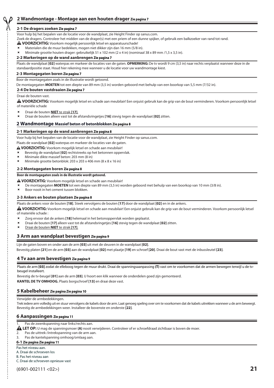 6 aanpassingen, 2 wandmontage - montage aan een houten drager, 2 wandmontage | 3 arm aan wandplaat bevestigen, 4 tv aan arm bevestigen, 5 kabelbeheer | Sanus Systems VLF220 User Manual | Page 21 / 38