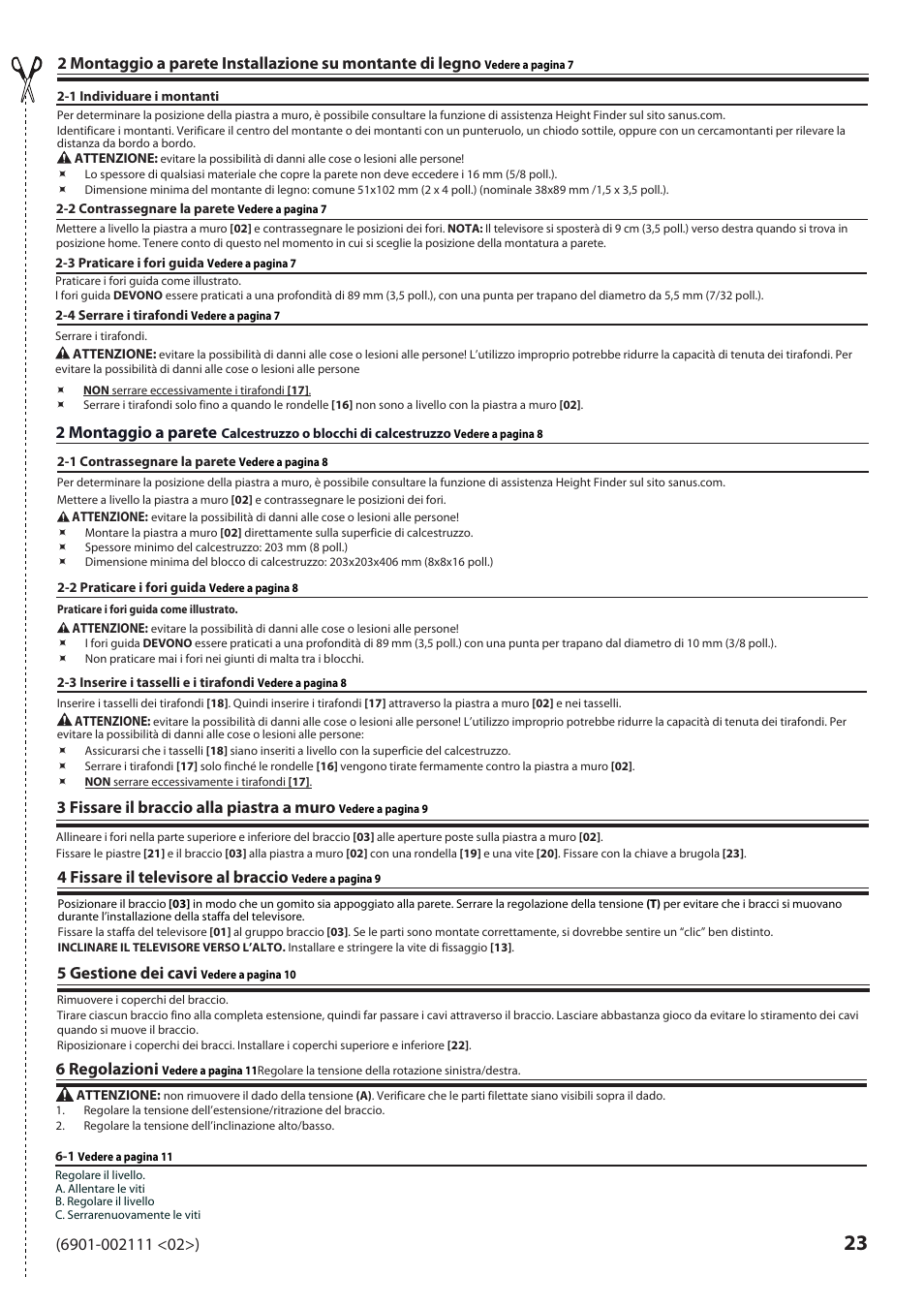 6 regolazioni, 2 montaggio a parete, 3 fissare il braccio alla piastra a muro | 4 fissare il televisore al braccio, 5 gestione dei cavi | Sanus Systems VLF220 User Manual | Page 23 / 38