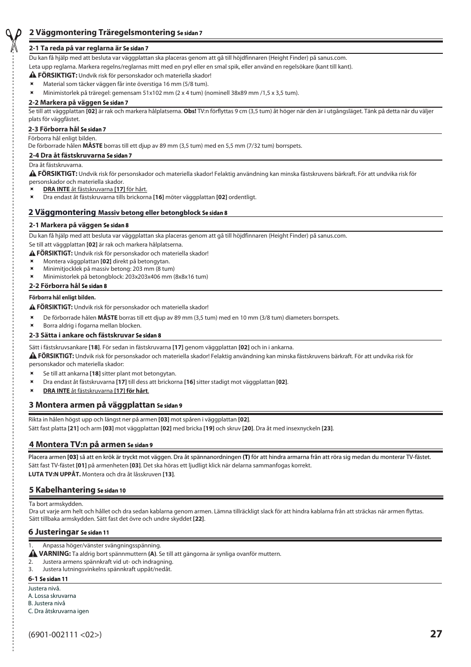 6 justeringar, 2 väggmontering träregelsmontering, 2 väggmontering | 3 montera armen på väggplattan, 4 montera tv:n på armen, 5 kabelhantering | Sanus Systems VLF220 User Manual | Page 27 / 38