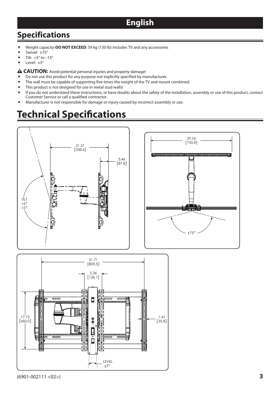 Technical specifications, English specifications, Caution | Sanus Systems VLF220 User Manual | Page 3 / 38