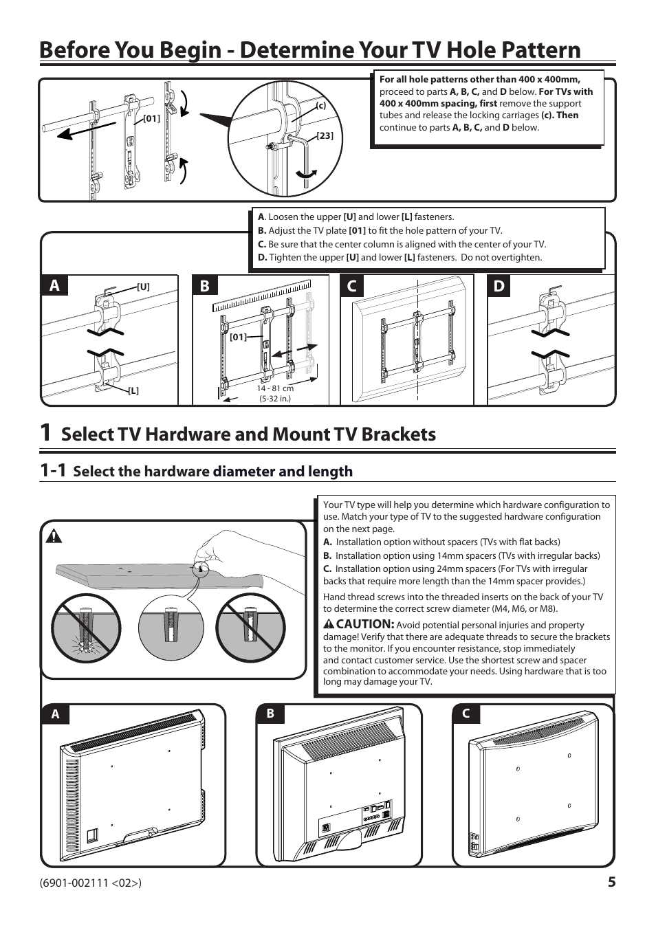 Before you begin - determine your tv hole pattern, Select tv hardware and mount tv brackets, Ad b c | Select the hardware diameter and length | Sanus Systems VLF220 User Manual | Page 5 / 38