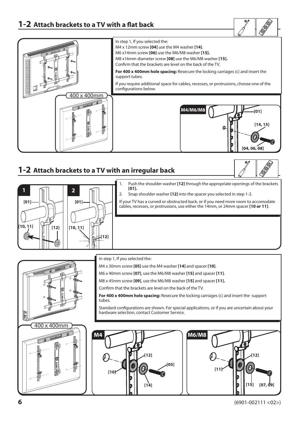 Attach brackets to a tv with a flat back, Attach brackets to a tv with an irregular back | Sanus Systems VLF220 User Manual | Page 6 / 38