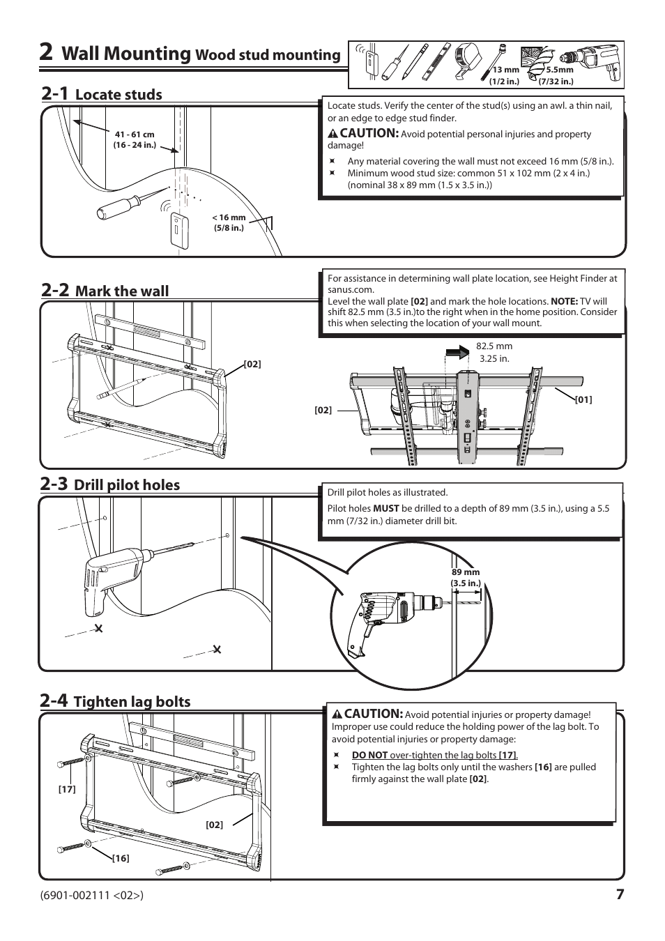 Wall mounting, Wood stud mounting, Locate studs | Mark the wall, Drill pilot holes, Tighten lag bolts | Sanus Systems VLF220 User Manual | Page 7 / 38