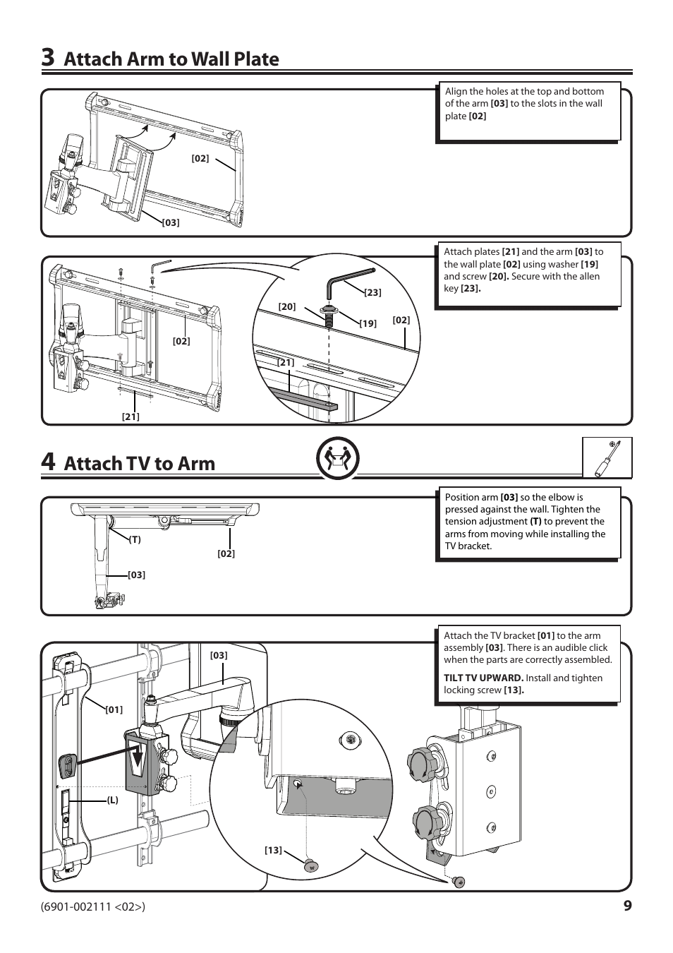 Attach arm to wall plate, Attach tv to arm | Sanus Systems VLF220 User Manual | Page 9 / 38
