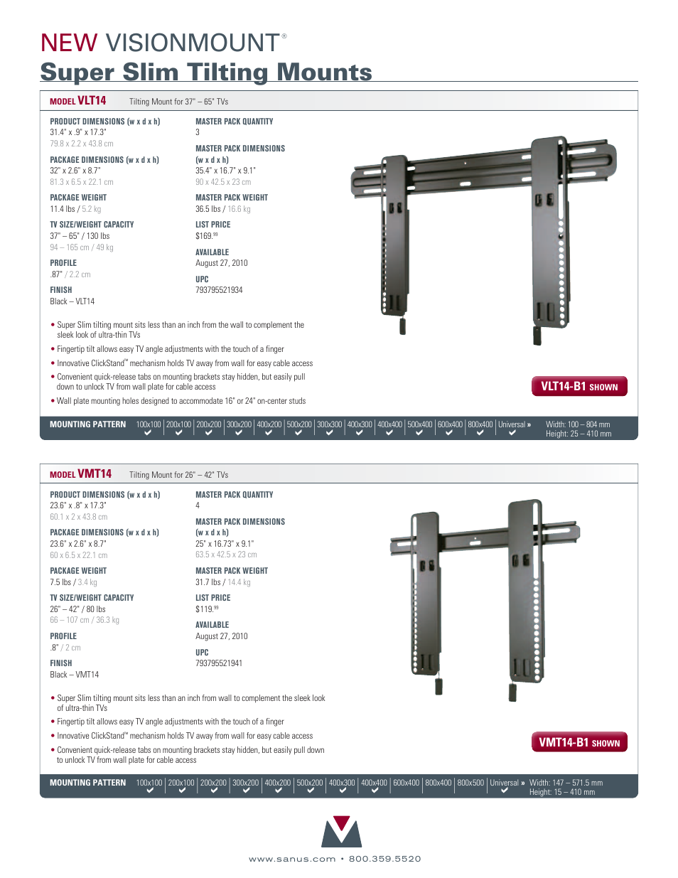 New visionmount, Super slim tilting mounts | Sanus Systems NEW VisionMount VLT14 User Manual | Page 2 / 2