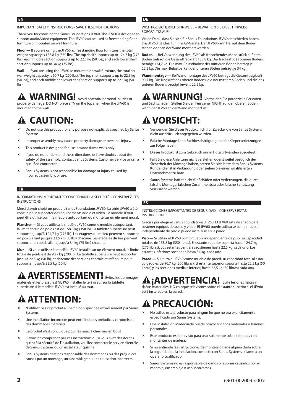 Warning, Caution, Avertissement | Attention, Warnung, Vorsicht, Advertencia, Precaución | Sanus Systems JFV60 User Manual | Page 2 / 34