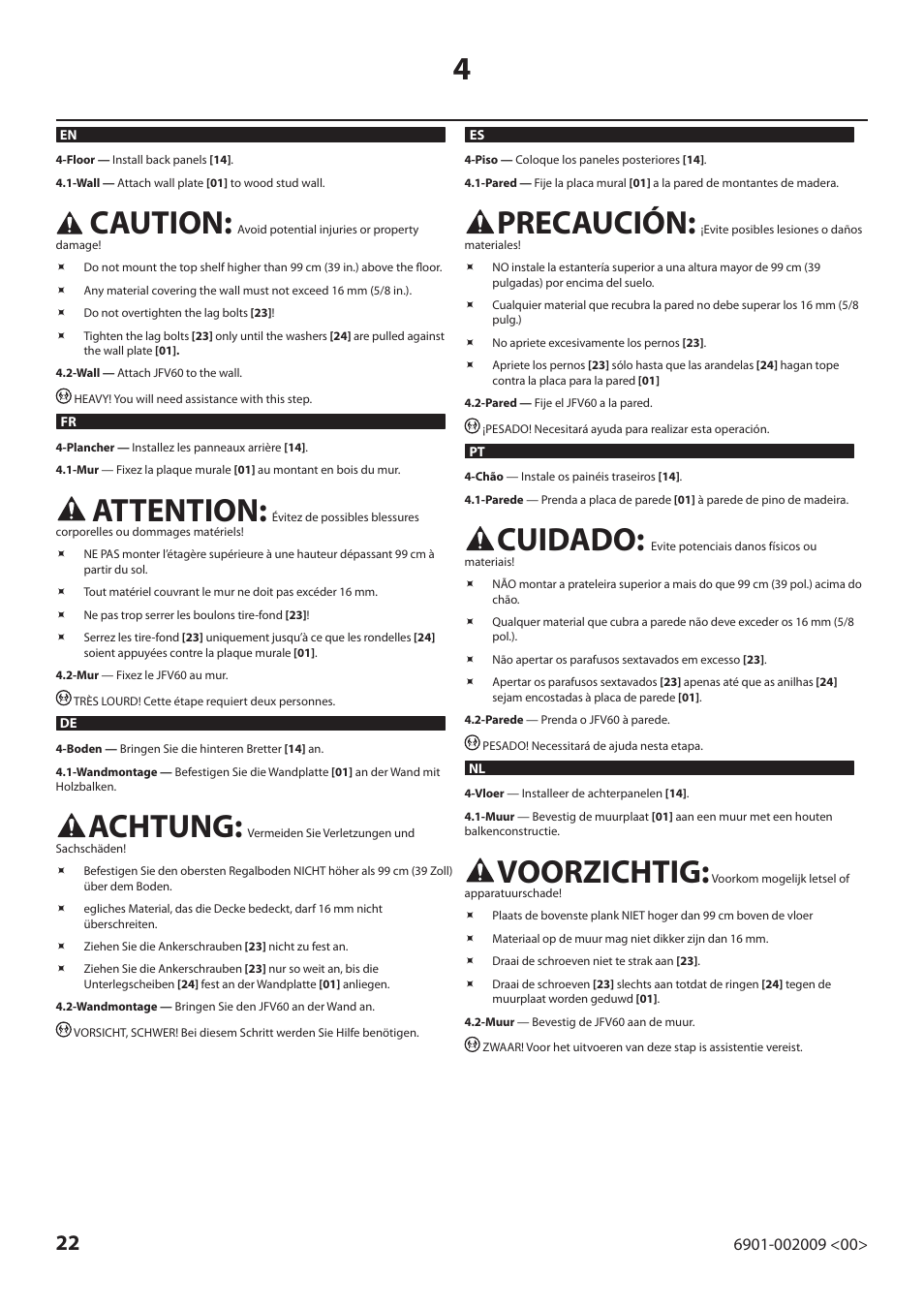 Caution, Attention, Achtung | Precaución, Cuidado, Voorzichtig | Sanus Systems JFV60 User Manual | Page 22 / 34