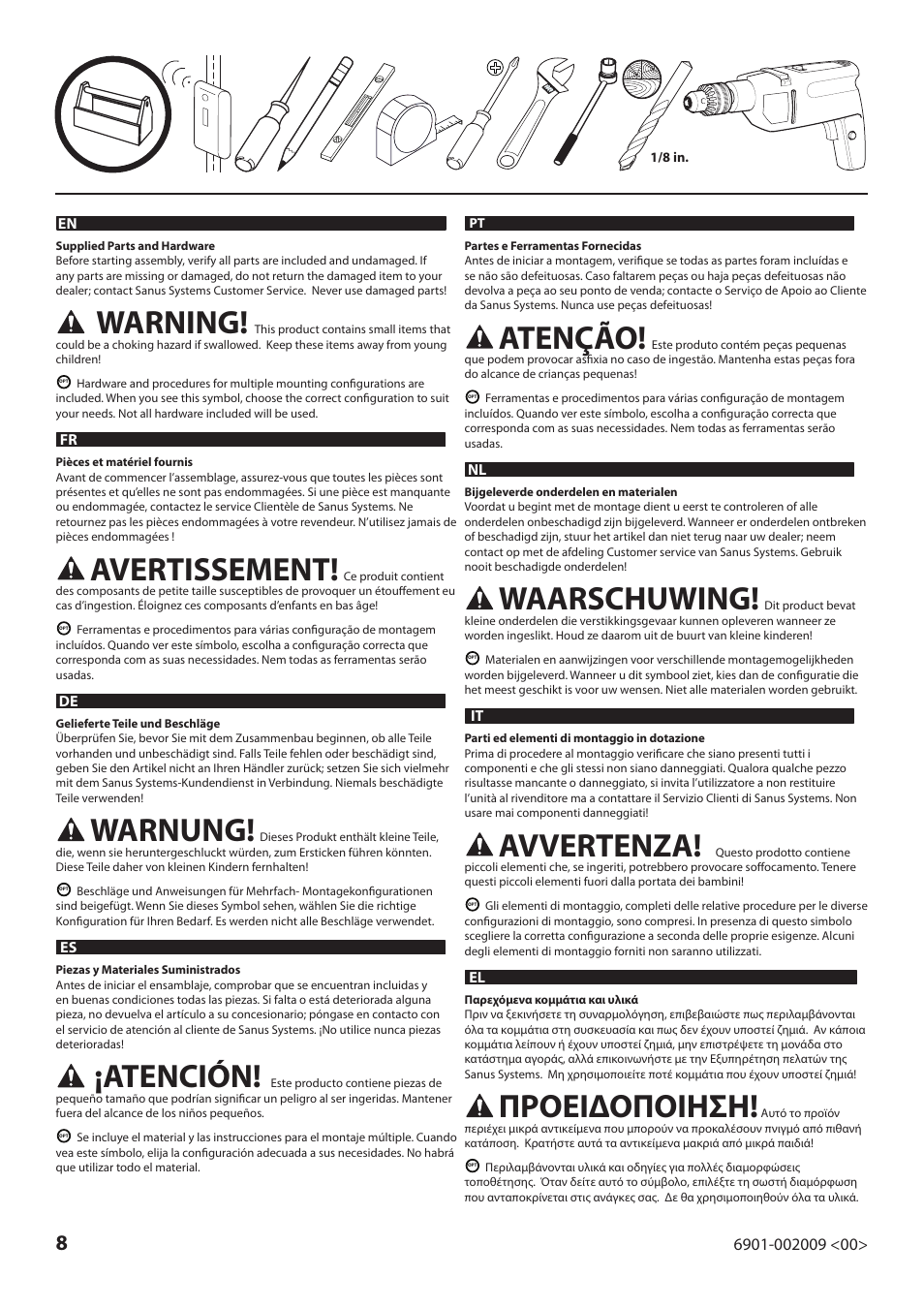 Warning, Avertissement, Warnung | Atención, Atenção, Waarschuwing, Avvertenza, Προειδοποιηση | Sanus Systems JFV60 User Manual | Page 8 / 34