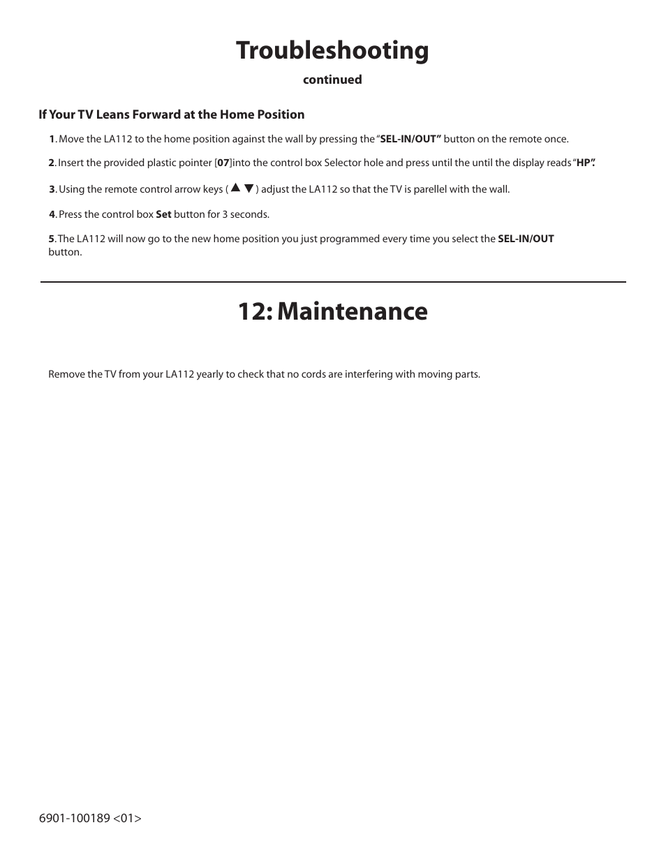 Troubleshooting, Maintenance | Sanus Systems Motorized Mount LA112 User Manual | Page 29 / 31