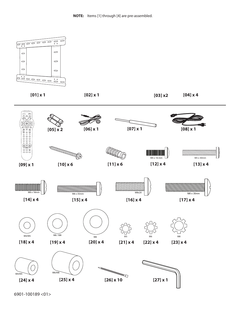 12] x 4, 13] x 4, 17] x 4 | 20] x 4, 22] x 4, 16] x 4, 14] x 4, 18] x 4, 19] x 4, 21] x 4 | Sanus Systems Motorized Mount LA112 User Manual | Page 3 / 31