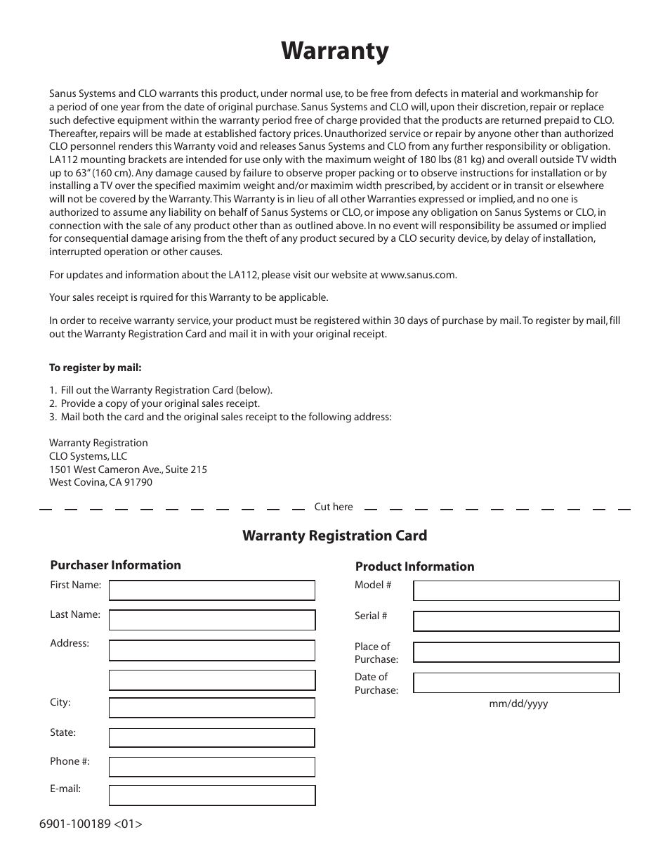 Warranty, Warranty registration card | Sanus Systems Motorized Mount LA112 User Manual | Page 31 / 31