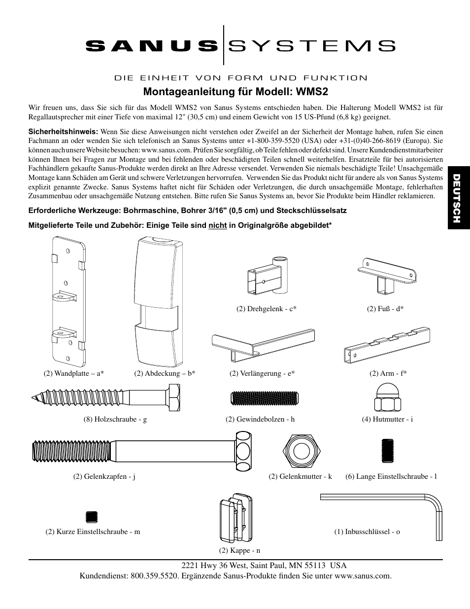 Montageanleitung für modell: wms2 | Sanus Systems WMS2 User Manual | Page 11 / 34