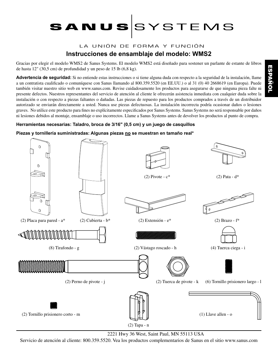 Instrucciones de ensamblaje del modelo: wms2 | Sanus Systems WMS2 User Manual | Page 7 / 34