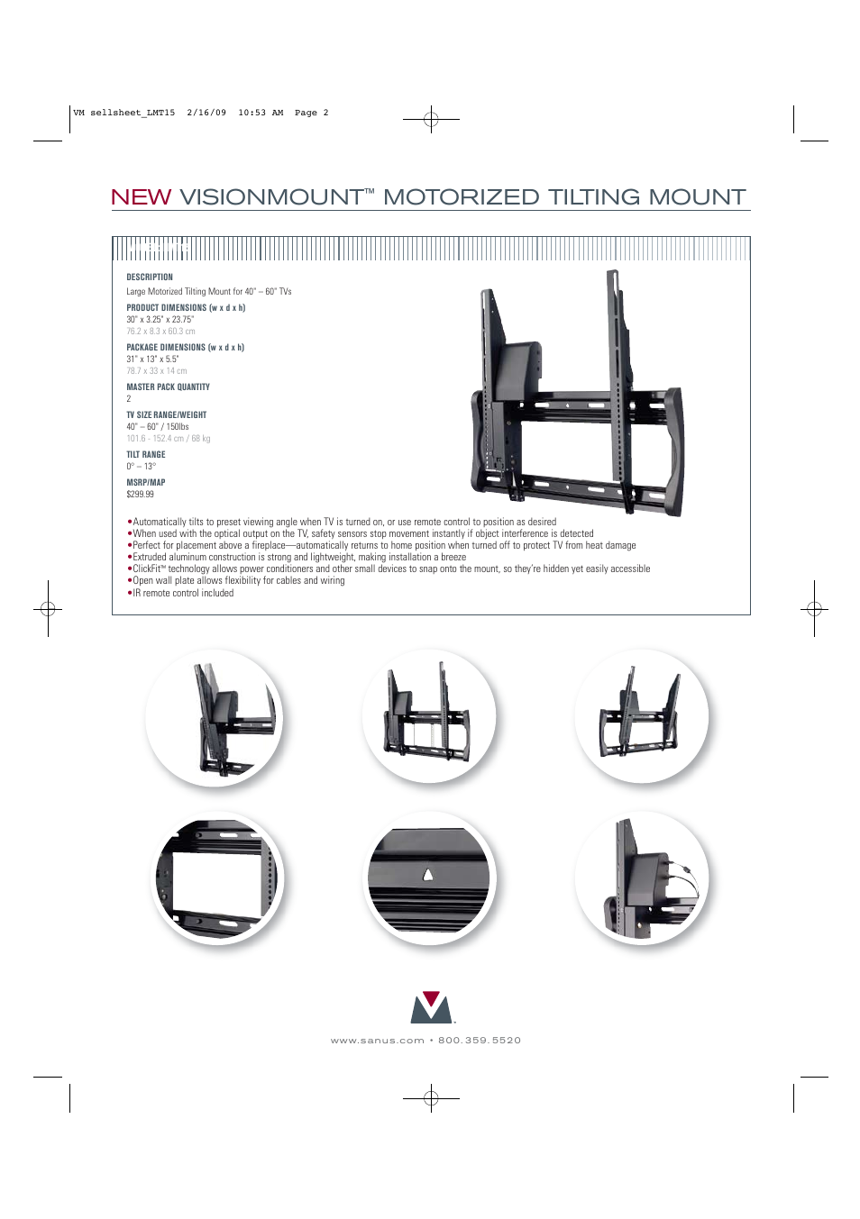 New visionmount, Motorized tilting mount | Sanus Systems New VisionMount LMT15-B1 User Manual | Page 2 / 2