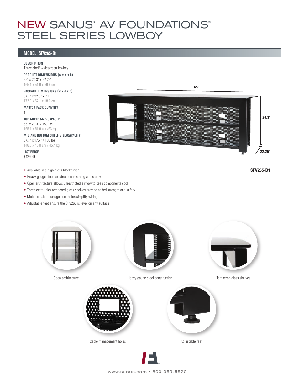 New sanus, Av foundations, Steel series lowboy | Sanus Systems SFV265-B1 User Manual | Page 2 / 2