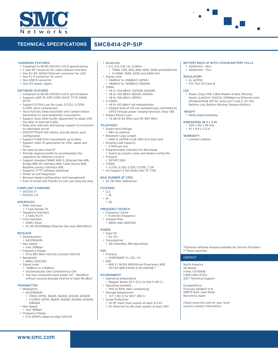 Technical specifications | SMC Networks EZ Connect SMC8414-2P-SIP User Manual | Page 2 / 2