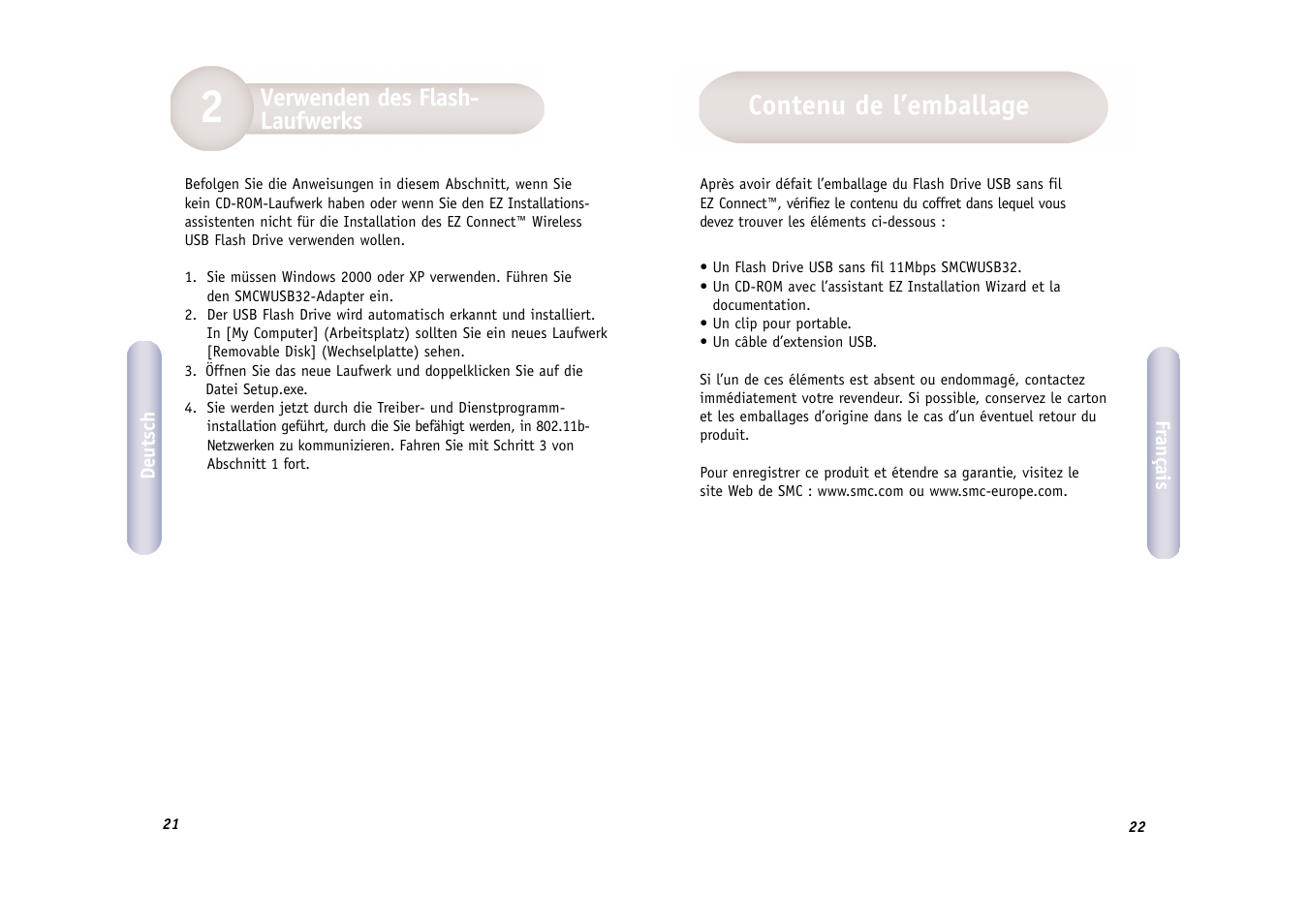 Contenu de l’emballage, Verwenden des flash- laufwerks | SMC Networks SMC EZ Connect 2.4GHz 11 Mbps Wireless USB Flash Drive SMCWUSB32 User Manual | Page 12 / 45