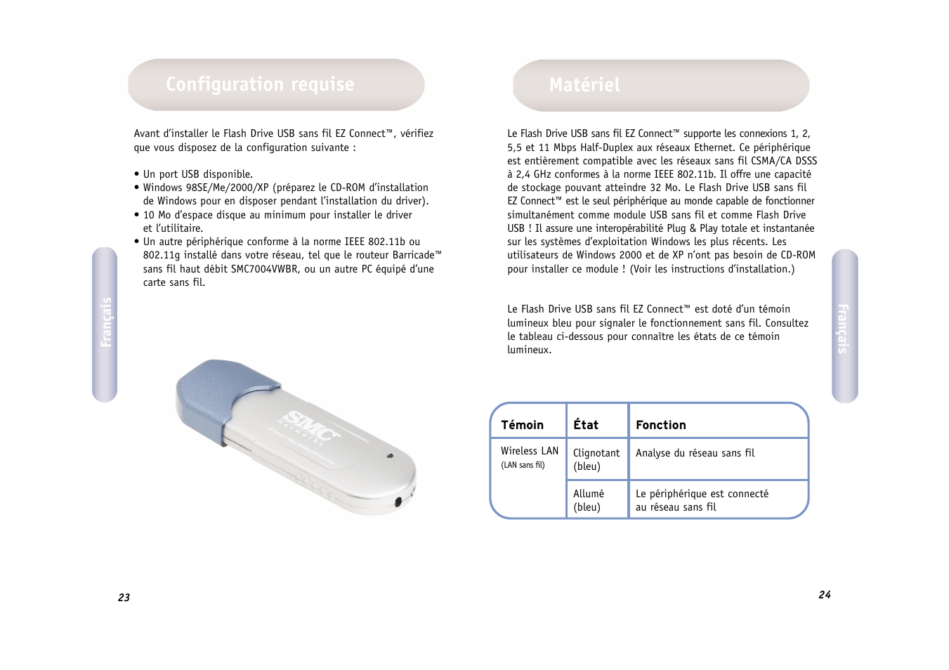 Matériel, Configuration requise | SMC Networks SMC EZ Connect 2.4GHz 11 Mbps Wireless USB Flash Drive SMCWUSB32 User Manual | Page 13 / 45