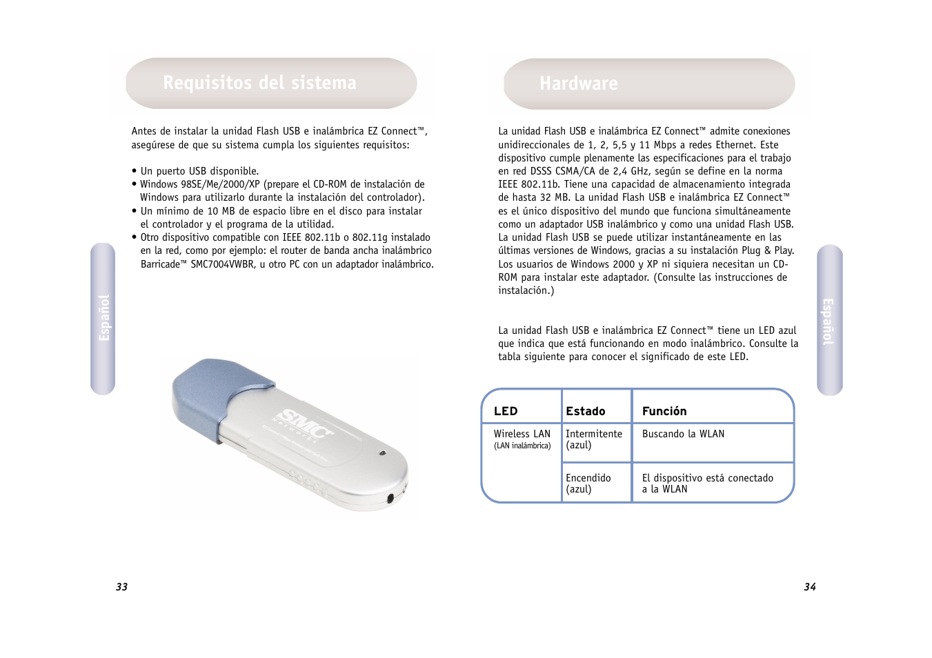 Hardware, Requisitos del sistema | SMC Networks SMC EZ Connect 2.4GHz 11 Mbps Wireless USB Flash Drive SMCWUSB32 User Manual | Page 18 / 45
