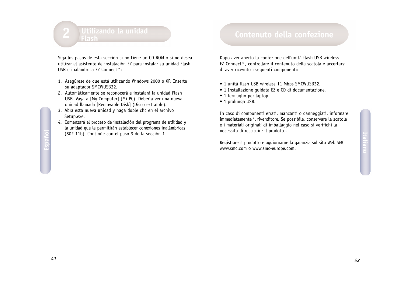 Contenuto della confezione, Utilizando la unidad flash | SMC Networks SMC EZ Connect 2.4GHz 11 Mbps Wireless USB Flash Drive SMCWUSB32 User Manual | Page 22 / 45