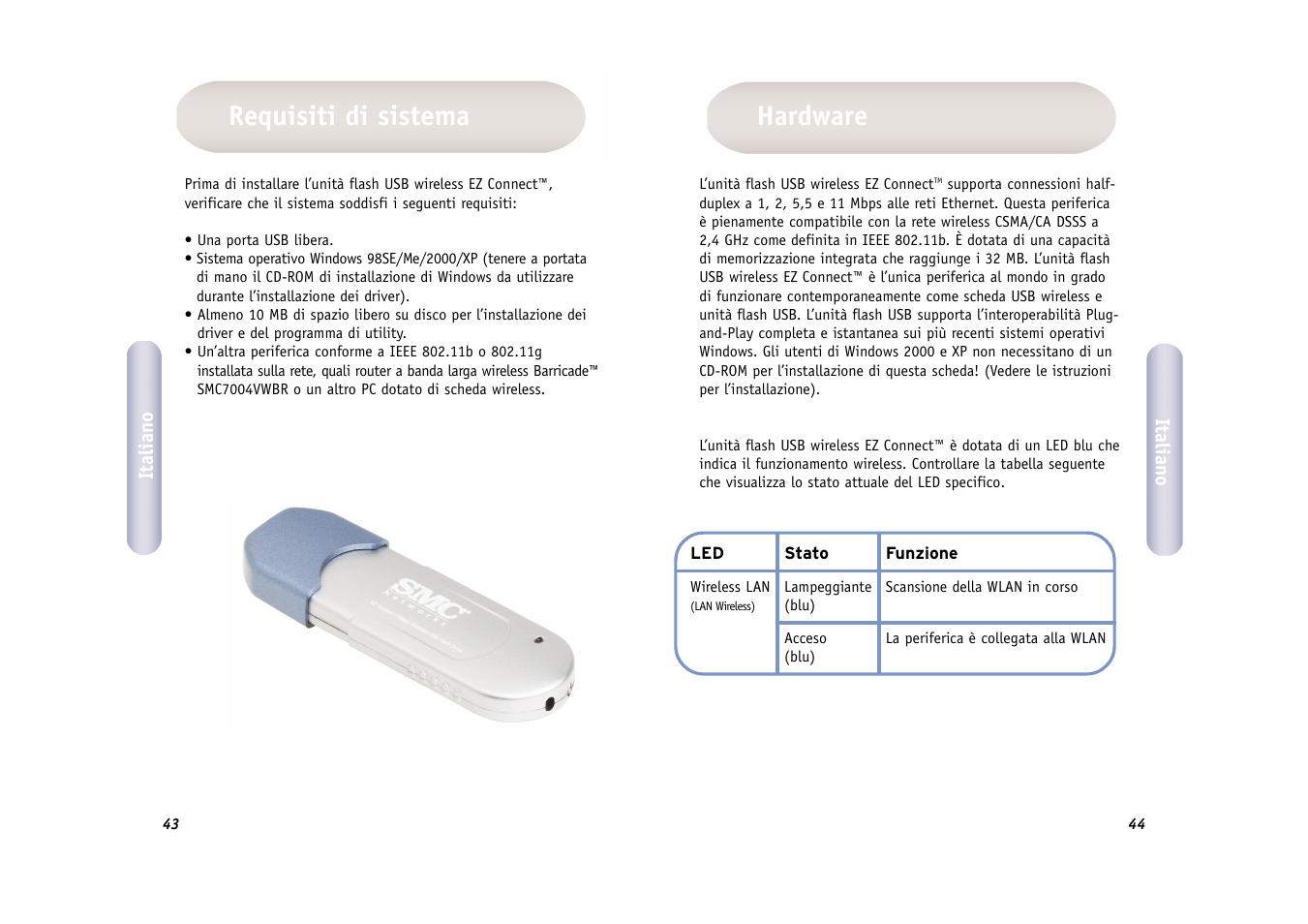 Hardware, Requisiti di sistema | SMC Networks SMC EZ Connect 2.4GHz 11 Mbps Wireless USB Flash Drive SMCWUSB32 User Manual | Page 23 / 45