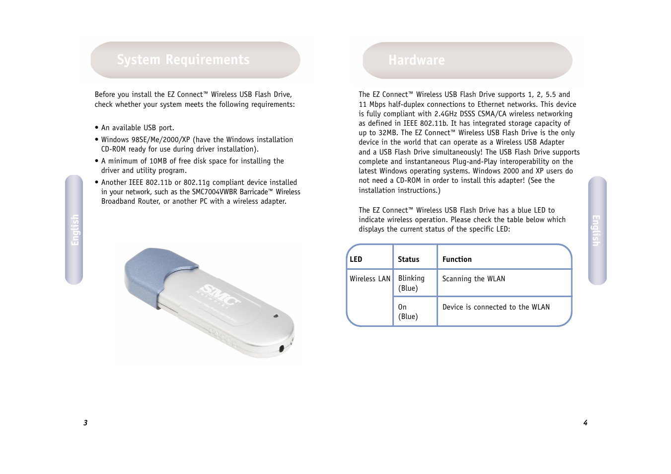 Hardware, System requirements | SMC Networks SMC EZ Connect 2.4GHz 11 Mbps Wireless USB Flash Drive SMCWUSB32 User Manual | Page 3 / 45