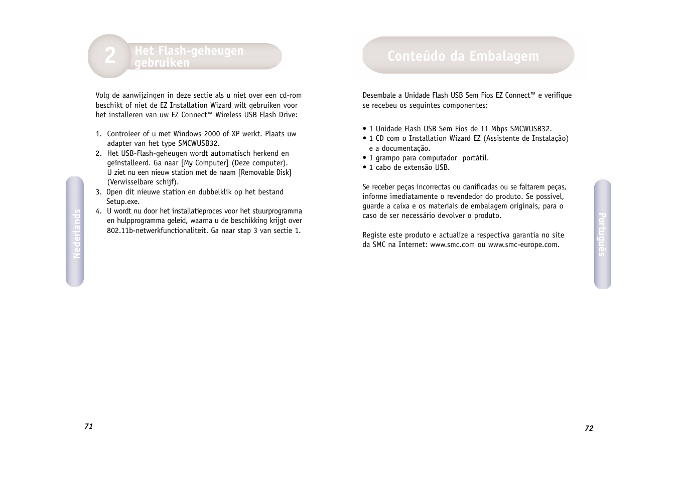 Conteúdo da embalagem, Het flash-geheugen gebruiken | SMC Networks SMC EZ Connect 2.4GHz 11 Mbps Wireless USB Flash Drive SMCWUSB32 User Manual | Page 37 / 45