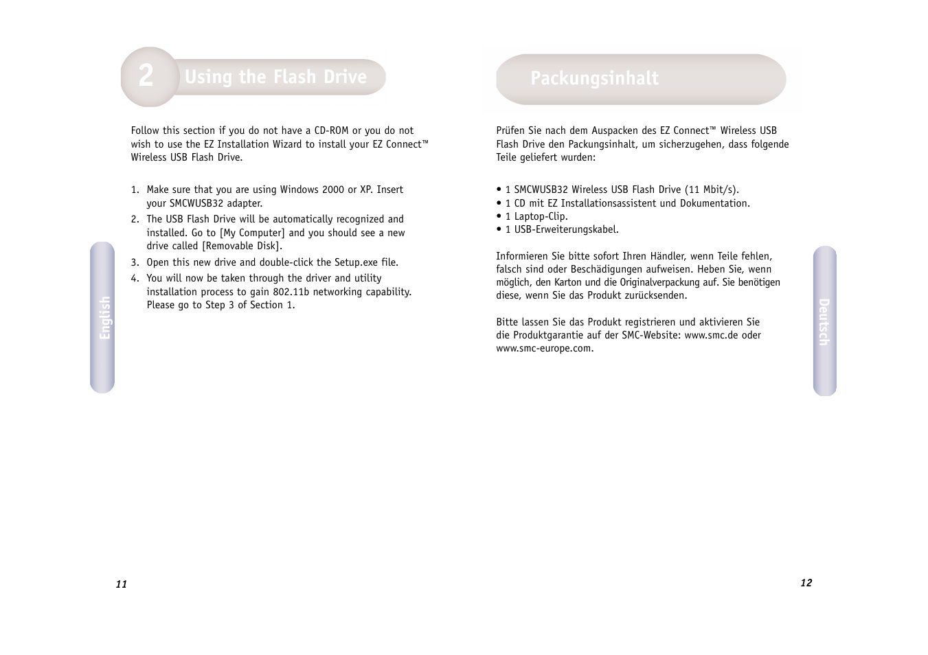 Using the flash drive, Packungsinhalt | SMC Networks SMC EZ Connect 2.4GHz 11 Mbps Wireless USB Flash Drive SMCWUSB32 User Manual | Page 7 / 45