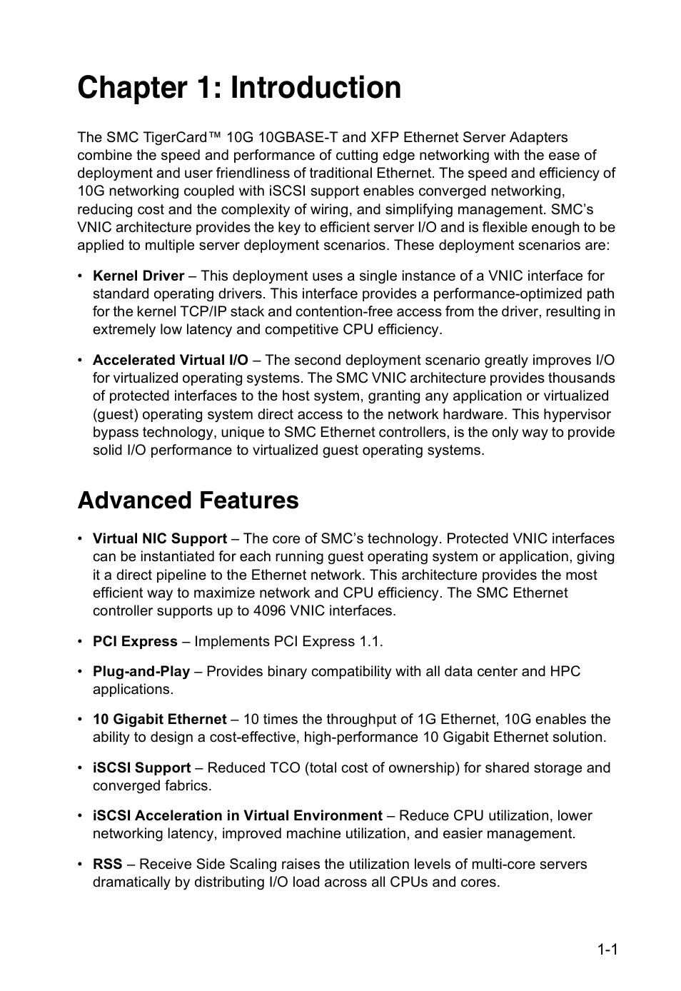 Chapter 1: introduction, Advanced features | SMC Networks TIGERCARD SMC10GPCIE-10BT User Manual | Page 10 / 35