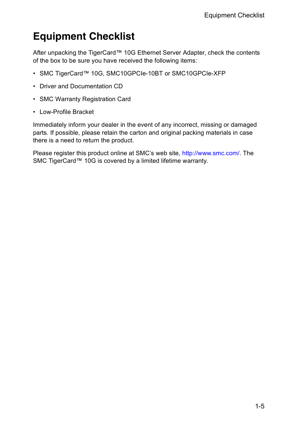 Equipment checklist | SMC Networks TIGERCARD SMC10GPCIE-10BT User Manual | Page 14 / 35