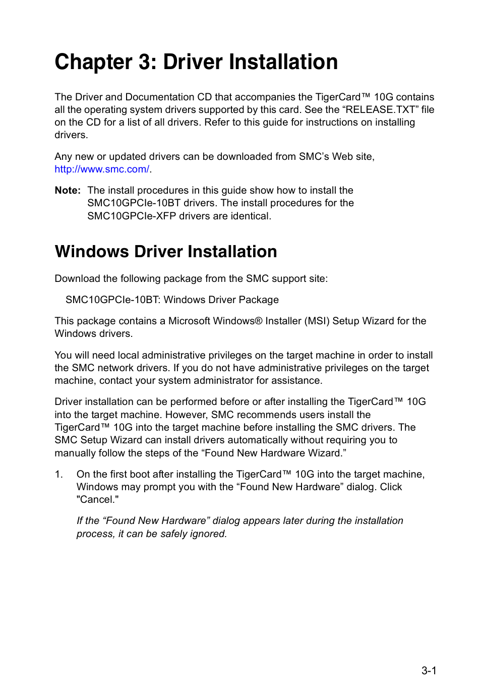 Chapter 3: driver installation, Windows driver installation | SMC Networks TIGERCARD SMC10GPCIE-10BT User Manual | Page 17 / 35