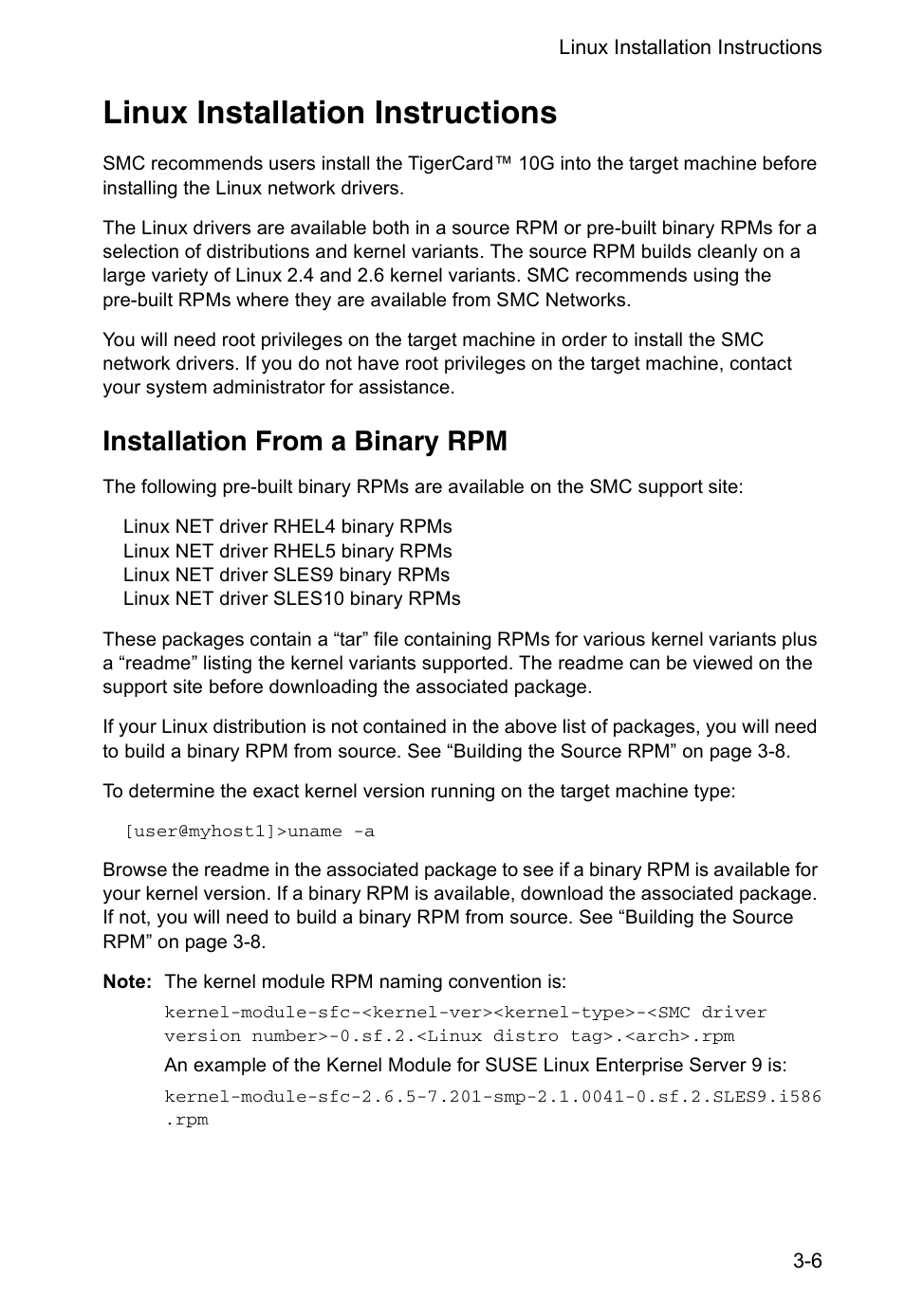 Linux installation instructions, Installation from a binary rpm | SMC Networks TIGERCARD SMC10GPCIE-10BT User Manual | Page 22 / 35