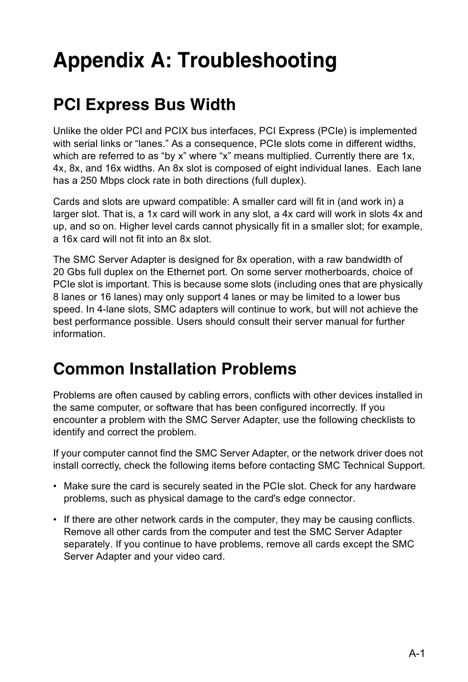 Appendix a: troubleshooting, Pci express bus width, Common installation problems | SMC Networks TIGERCARD SMC10GPCIE-10BT User Manual | Page 26 / 35
