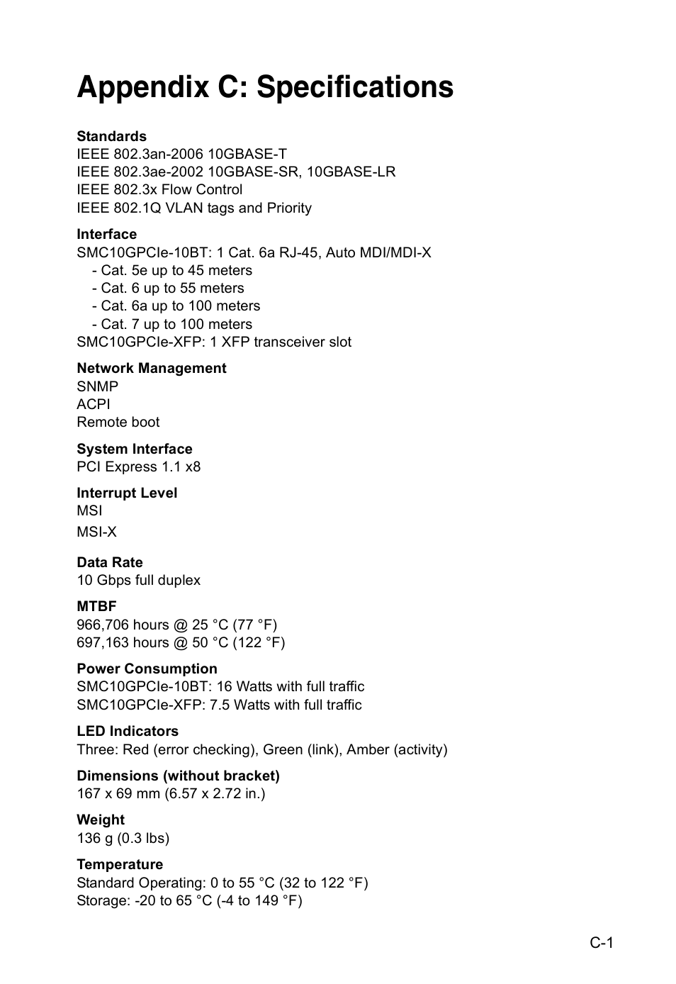 Appendix c: specifications | SMC Networks TIGERCARD SMC10GPCIE-10BT User Manual | Page 29 / 35