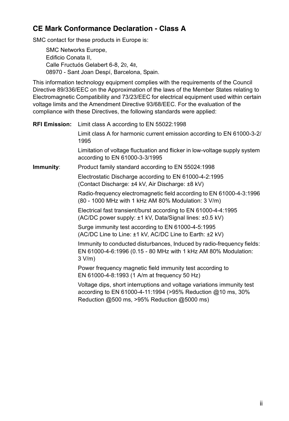 Ce mark conformance declaration - class a | SMC Networks TIGERCARD SMC10GPCIE-10BT User Manual | Page 7 / 35