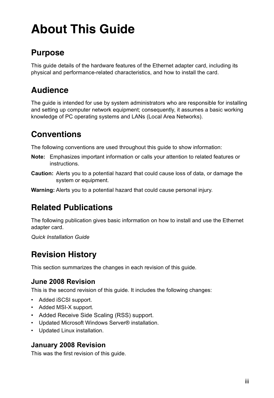 About this guide, Purpose, Audience | Conventions, Related publications, Revision history | SMC Networks TIGERCARD SMC10GPCIE-10BT User Manual | Page 8 / 35