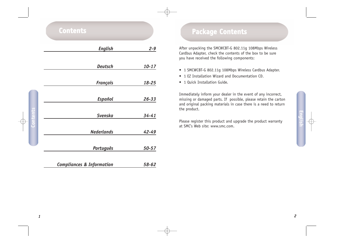 Ppa acck ka ag ge e c co on ntte en nttss, Cco on ntte en nttss | SMC Networks SMC EZ Connect g SMCWCBT-G User Manual | Page 2 / 32