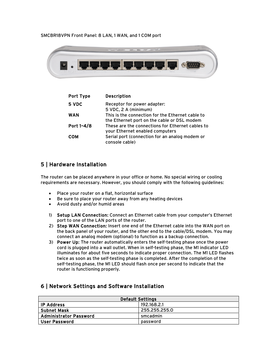 5 | hardware installation, 6 | network settings and software installation | SMC Networks Barricade BR14VPN User Manual | Page 10 / 73