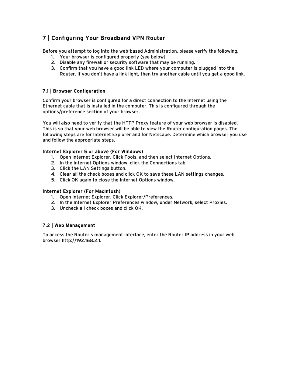 7 | configuring your broadband vpn router, 1 | browser configuration, 2 | web management | SMC Networks Barricade BR14VPN User Manual | Page 14 / 73