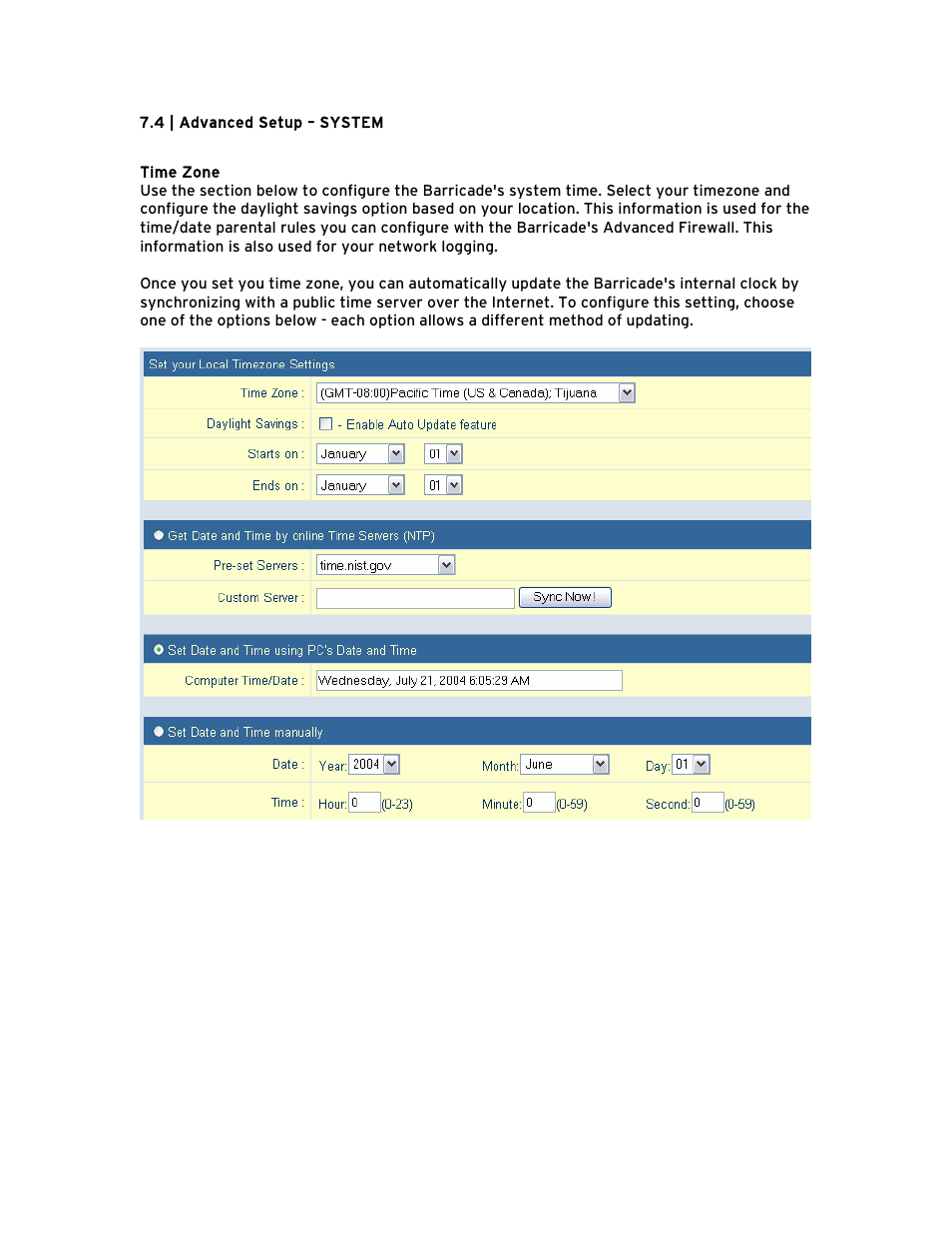 4 | advanced setup – system, 4 | advanced setup – system 16 | SMC Networks Barricade BR14VPN User Manual | Page 22 / 73