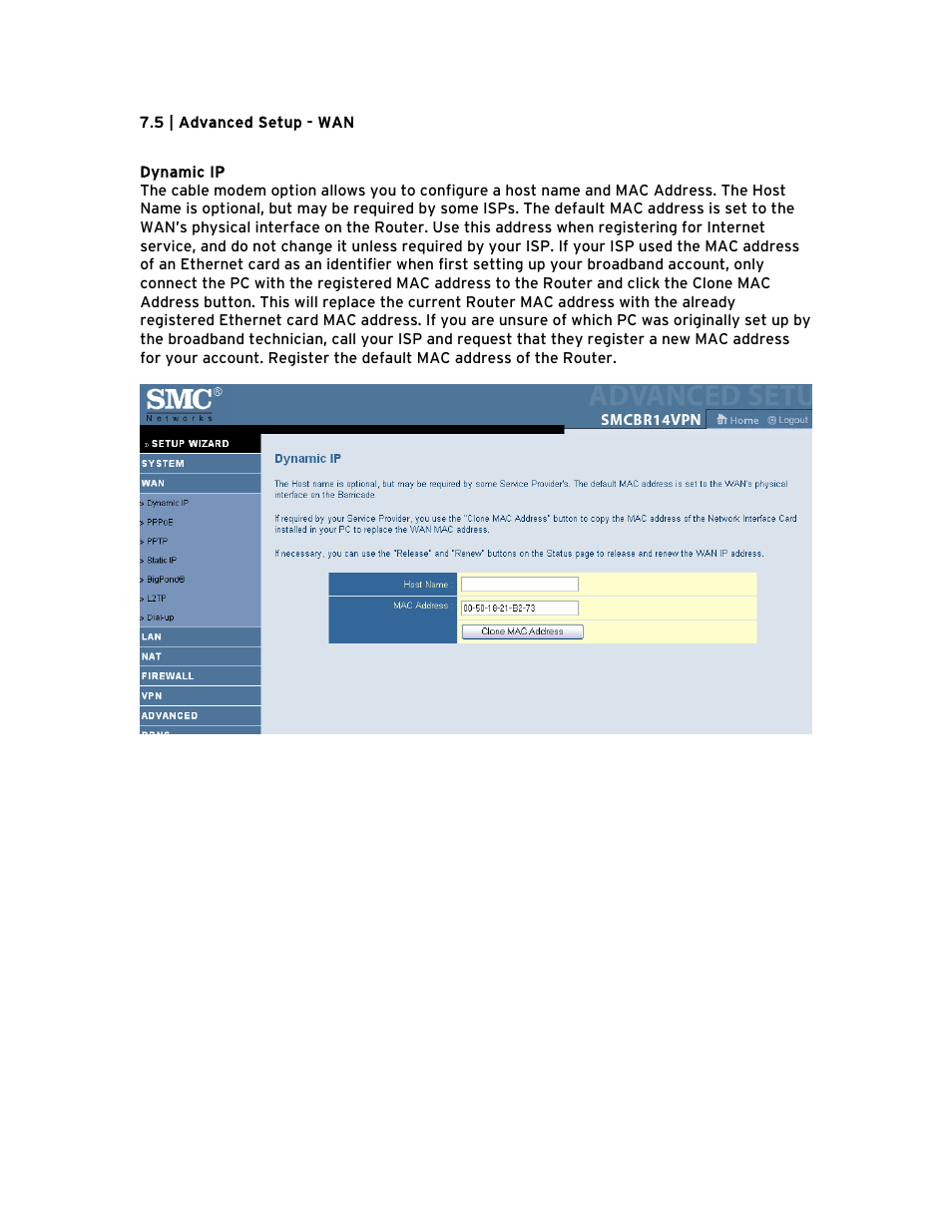 5 | advanced setup - wan | SMC Networks Barricade BR14VPN User Manual | Page 25 / 73