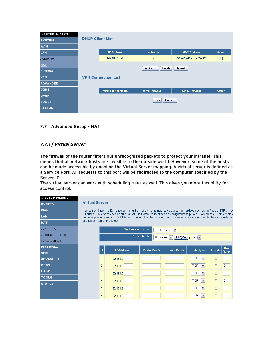 7 | advanced setup - nat, 1 | virtual server | SMC Networks Barricade BR14VPN User Manual | Page 32 / 73