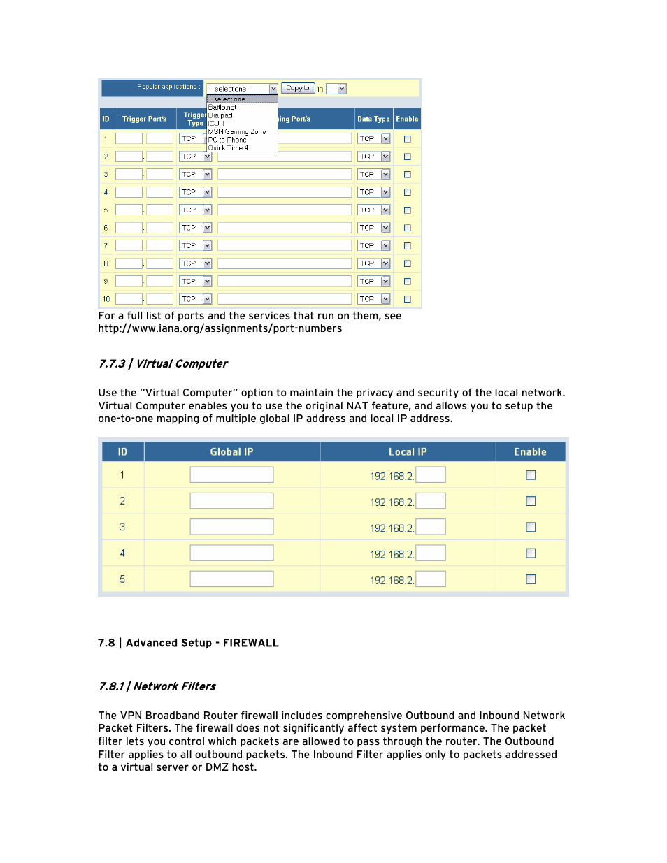 3 | virtual computer, 8 | advanced setup - firewall, 1 | network filters | 8 | advanced setup - firewall 28 | SMC Networks Barricade BR14VPN User Manual | Page 34 / 73