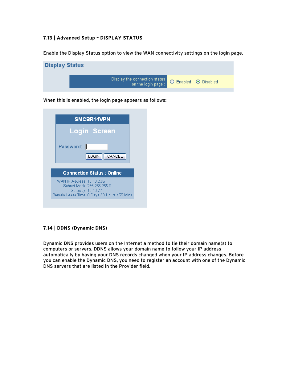 13 | advanced setup – display status, 14 | ddns (dynamic dns), 13 | advanced setup – display status 43 | SMC Networks Barricade BR14VPN User Manual | Page 49 / 73