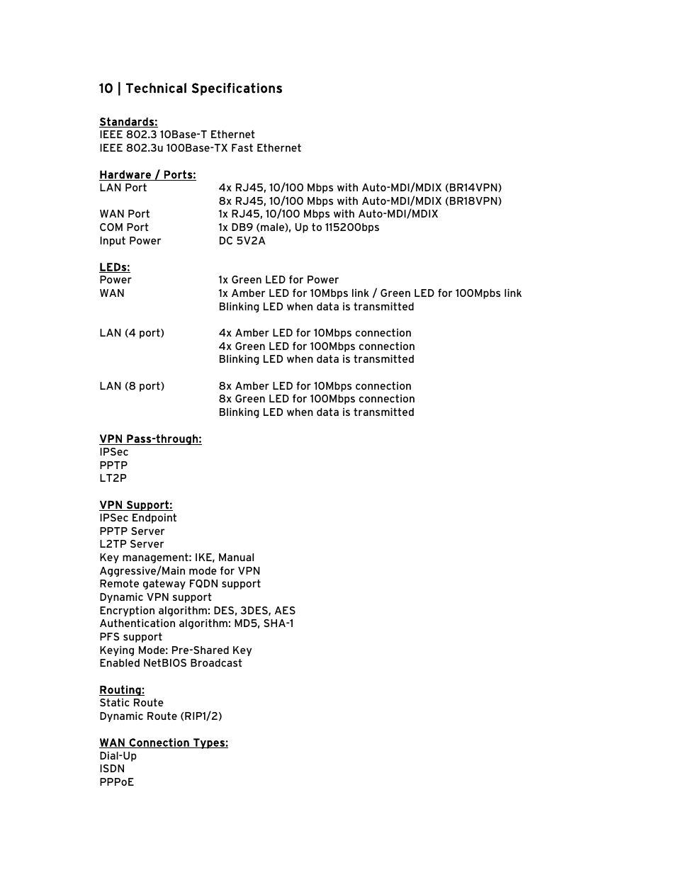 10 | technical specifications, 10 | technical specifications 60 | SMC Networks Barricade BR14VPN User Manual | Page 66 / 73