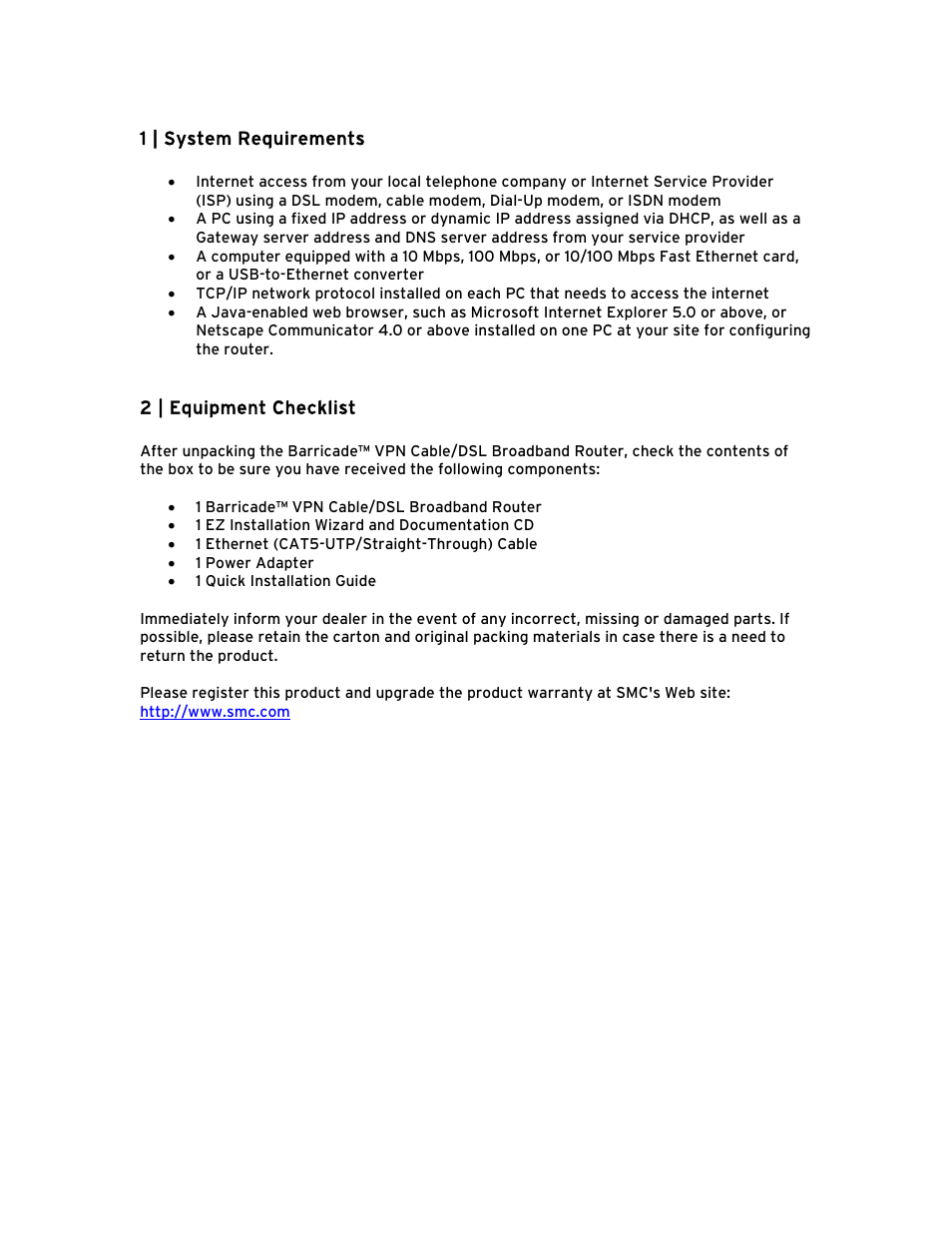 1 | system requirements, 2 | equipment checklist | SMC Networks Barricade BR14VPN User Manual | Page 7 / 73