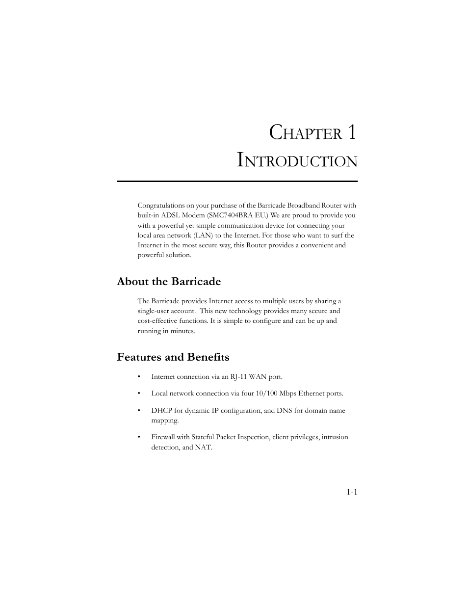 Chapter 1 introduction, About the barricade, Features and benefits | Hapter, Ntroduction | SMC Networks Barricade SMC7404BRA EU User Manual | Page 12 / 130