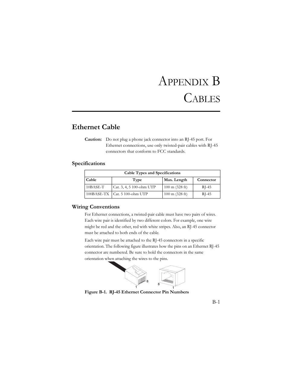 Appendix b cables, Ethernet cable, Specifications | Wiring conventions, Ppendix, Ables | SMC Networks Barricade SMC7404BRA EU User Manual | Page 120 / 130