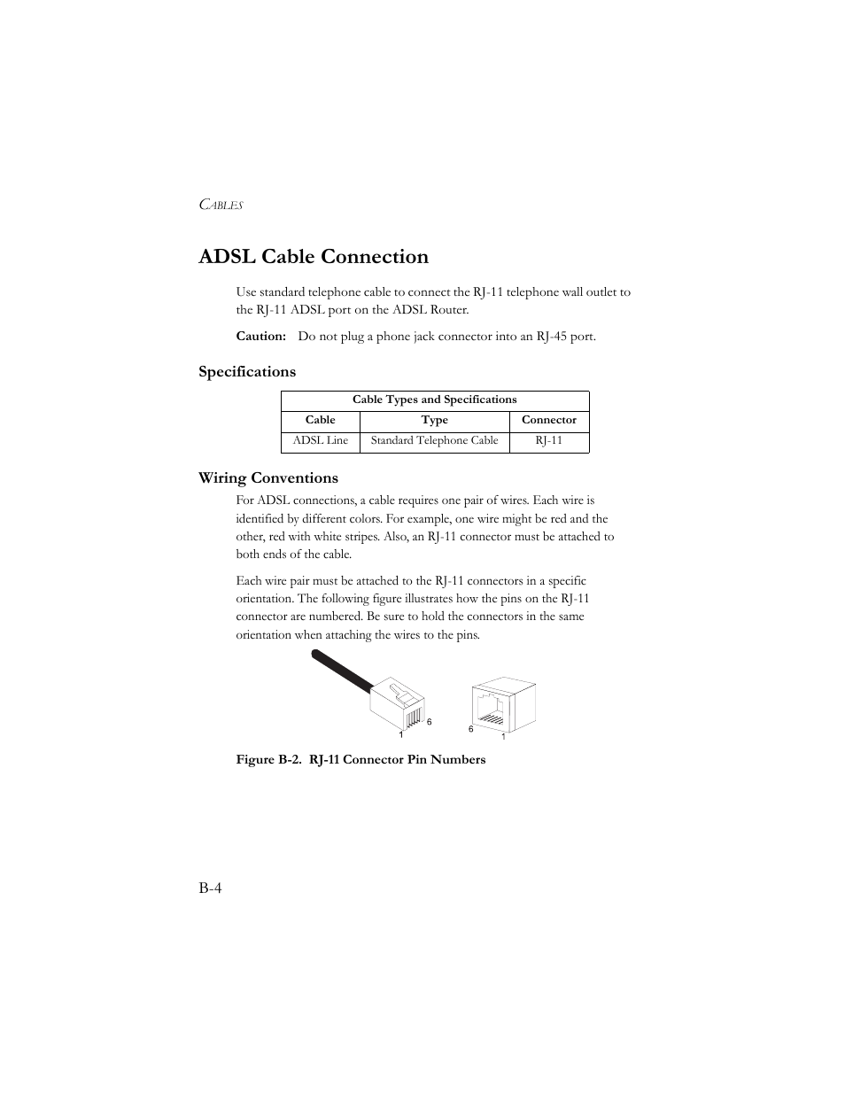 Adsl cable connection, Specifications, Wiring conventions | SMC Networks Barricade SMC7404BRA EU User Manual | Page 123 / 130